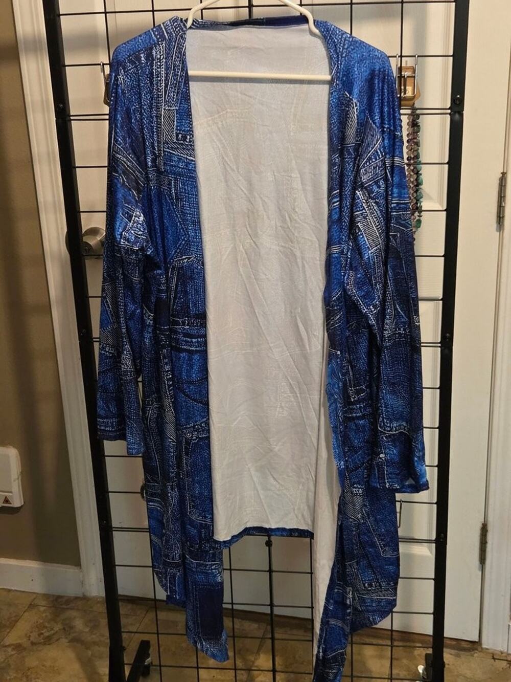 Plus Size Blue Patterned Open Front Cardigan